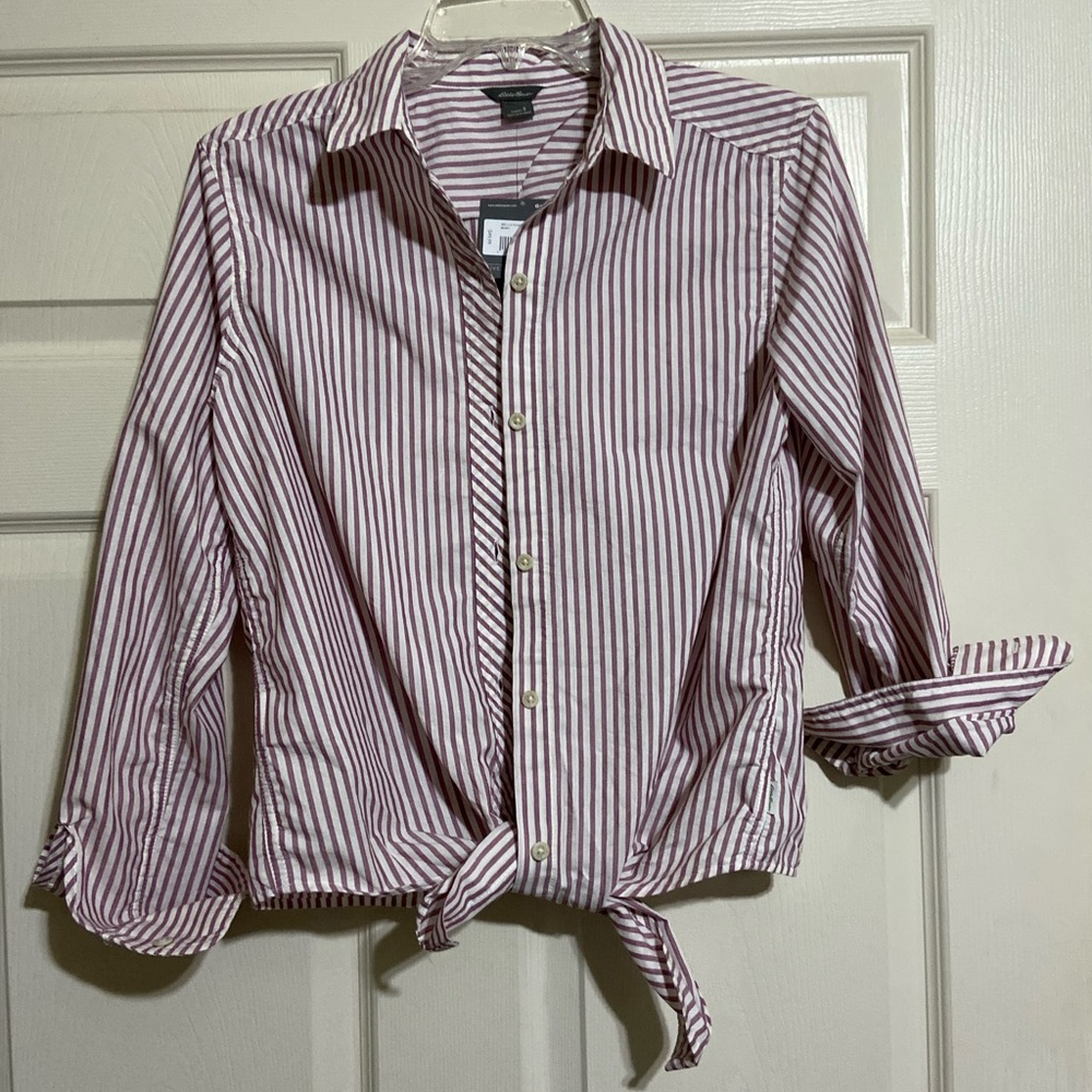 Eddie Bauer Women Tie Front Striped Button Down Size Small